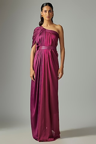 Wine Fuchsia Satin Chiffon Dress With Belt by Amit Aggarwal