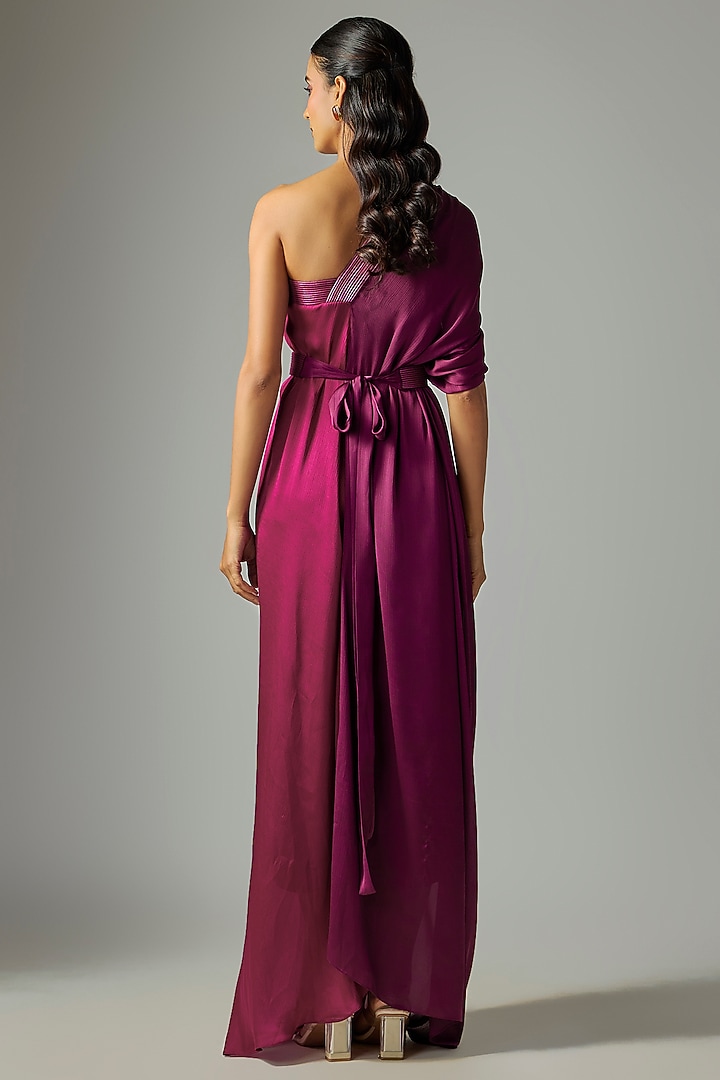 Wine Fuchsia Satin Chiffon Cocktail Dress With Belt by Amit Aggarwal at Pernia's Pop Up Shop