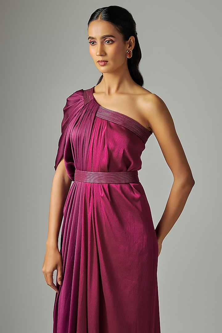 Wine Fuchsia Satin Chiffon Cocktail Dress With Belt by Amit Aggarwal at Pernia's Pop Up Shop