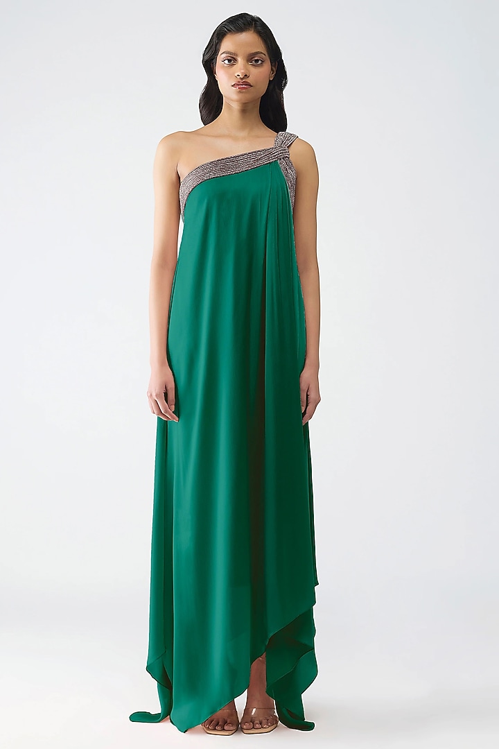 Emerald Green Satin Chiffon Off-Shoulder Party Wear Dress by Amit Aggarwal at Pernia's Pop Up Shop
