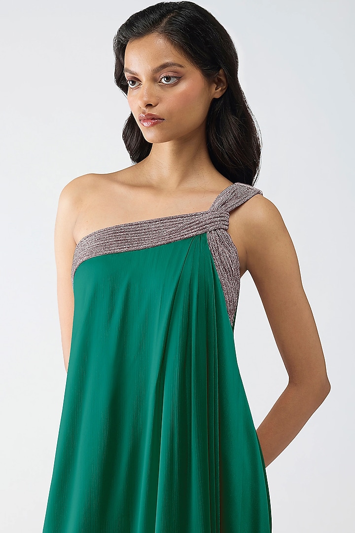 Emerald Green Satin Chiffon Off-Shoulder Party Wear Dress by Amit Aggarwal at Pernia's Pop Up Shop