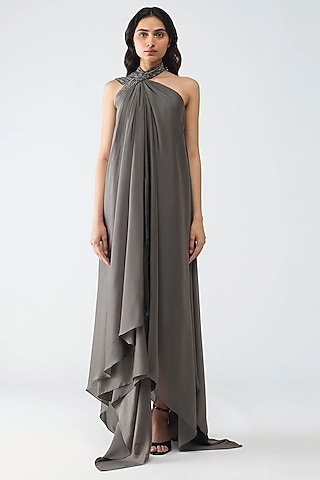 Pewter Satin Chiffon Maxi Dress by Amit Aggarwal