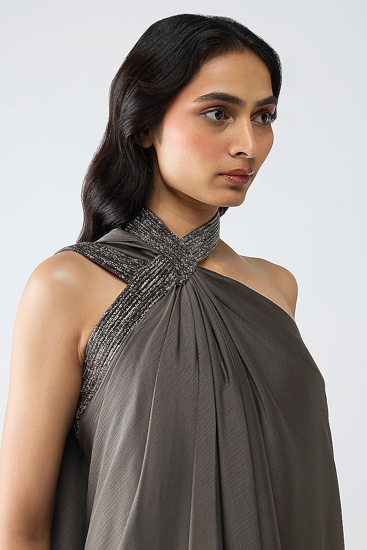Pewter Satin Chiffon Maxi Party Wear Dress by Amit Aggarwal at Pernia's Pop Up Shop