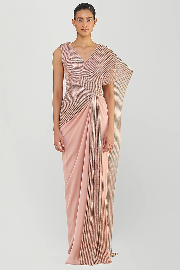 Blush Pink Chiffon Bridal Gown Saree by Amit Aggarwal at Pernia's Pop Up Shop
