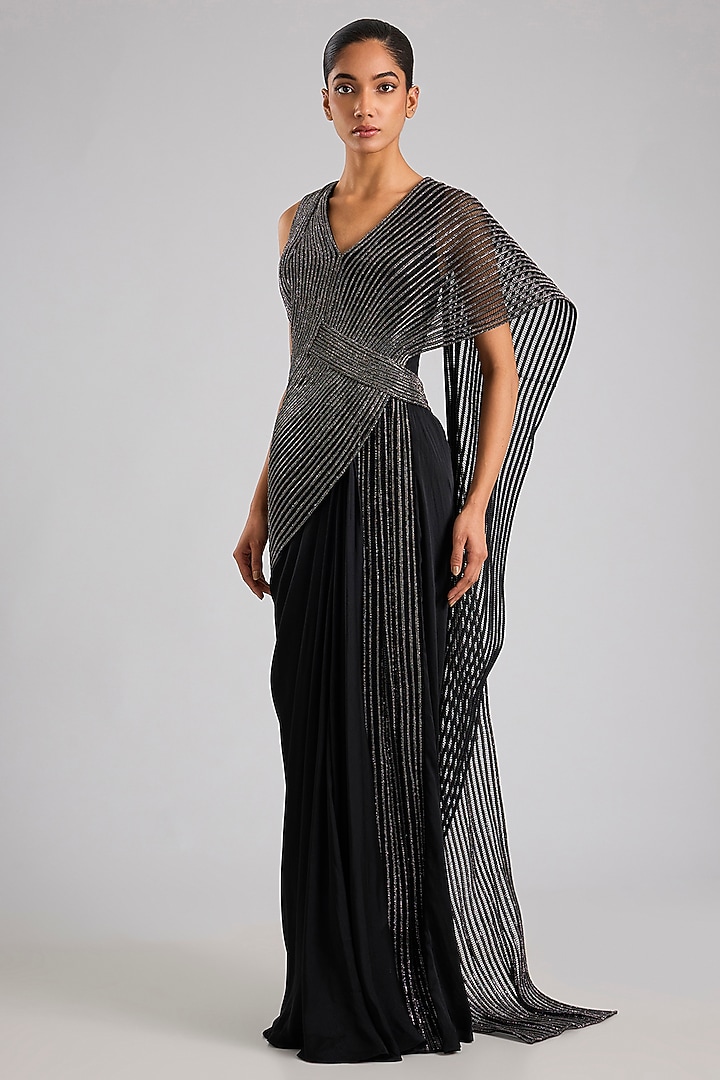 Onyx Black Satin Chiffon Moulded Bridal Gown Saree by Amit Aggarwal at Pernia's Pop Up Shop