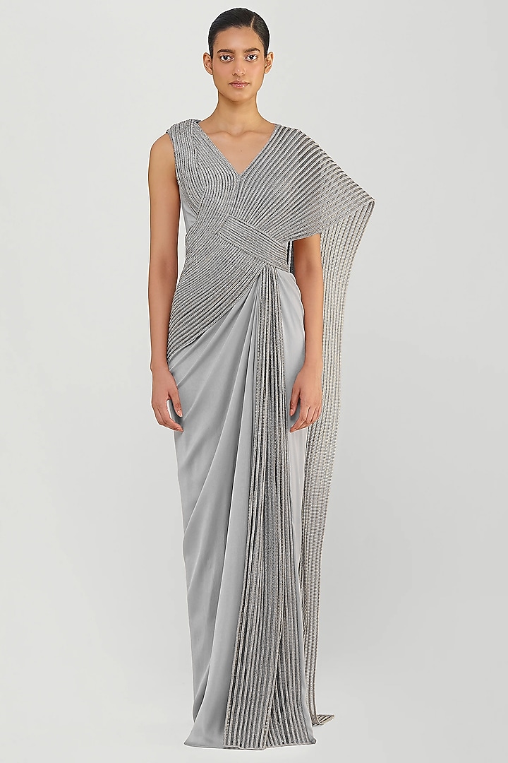 Silver Chiffon Bridal Gown Saree by Amit Aggarwal at Pernia's Pop Up Shop