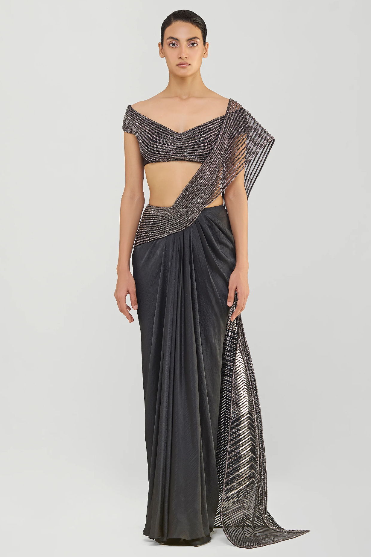 Onyx Black Chiffon & Butterfly Net Bridal Saree Set by Amit Aggarwal at Pernia's Pop Up Shop
