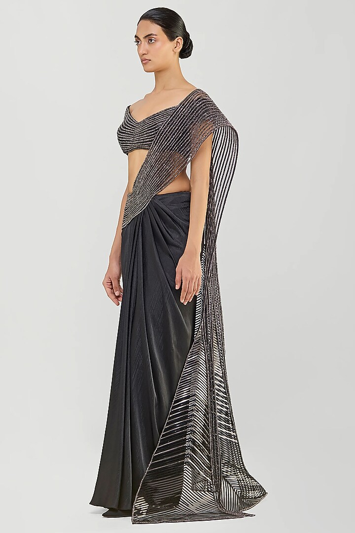 Onyx Black Chiffon & Butterfly Net Bridal Saree Set by Amit Aggarwal at Pernia's Pop Up Shop
