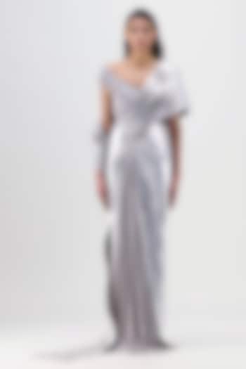 Steel Grey Metallic & Jersey Draped Reception Gown Saree by Amit Aggarwal at Pernia's Pop Up Shop