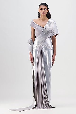 Steel Grey Metallic Draped Gown Saree by Amit Aggarwal