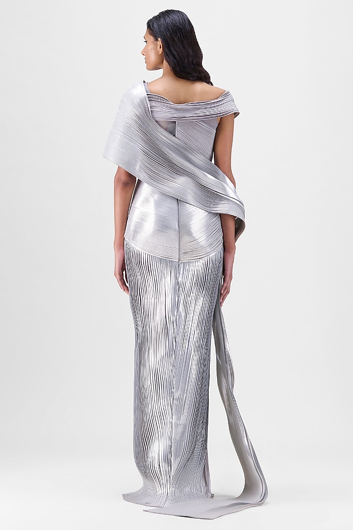Steel Grey Metallic Draped Reception Gown Saree by Amit Aggarwal at Pernia's Pop Up Shop