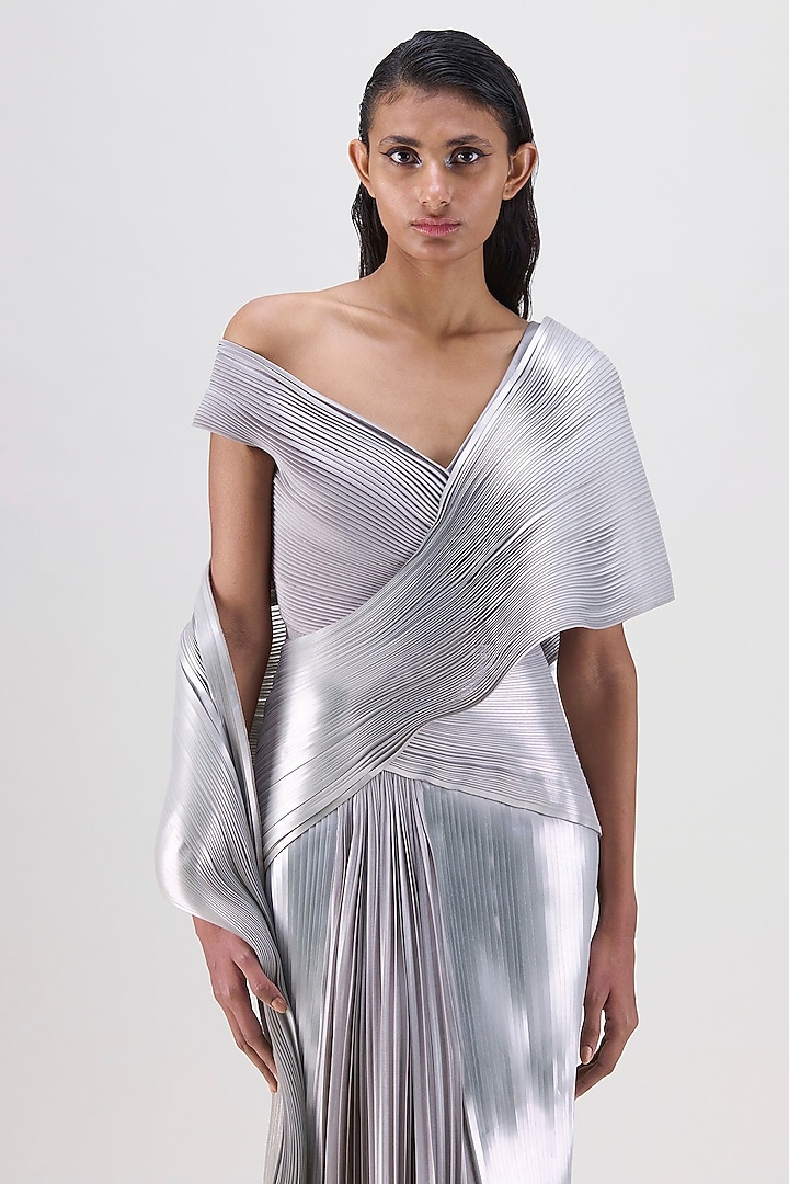 Steel Grey Metallic Draped Reception Gown Saree by Amit Aggarwal at Pernia's Pop Up Shop