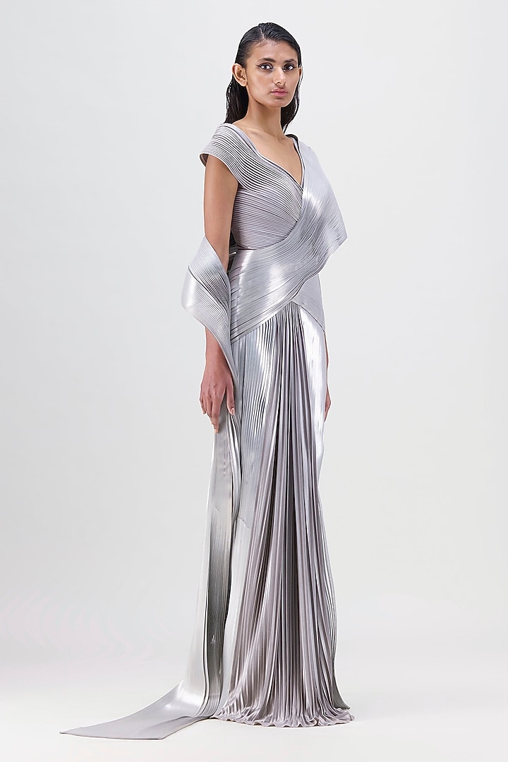 Steel Grey Metallic Draped Reception Gown Saree by Amit Aggarwal at Pernia's Pop Up Shop