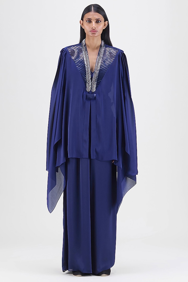 Ink Blue Chiffon Metallic Structured Top by Amit Aggarwal at Pernia's Pop Up Shop