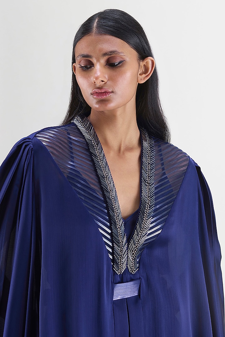 Ink Blue Chiffon Metallic Structured Top by Amit Aggarwal at Pernia's Pop Up Shop