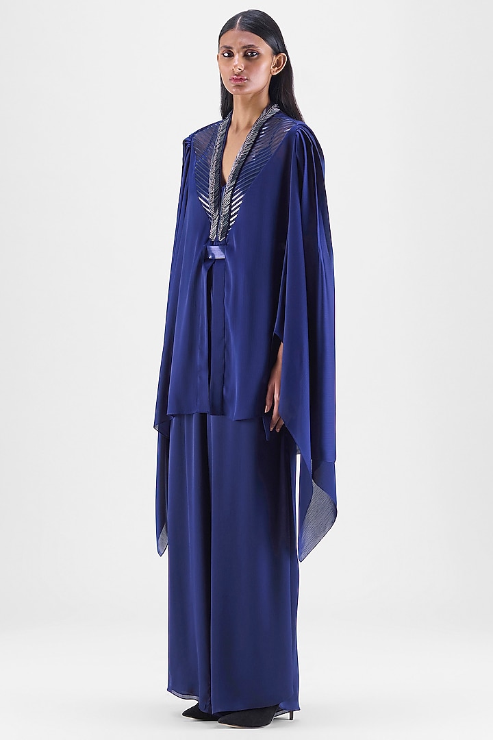 Ink Blue Chiffon Metallic Structured Top by Amit Aggarwal at Pernia's Pop Up Shop