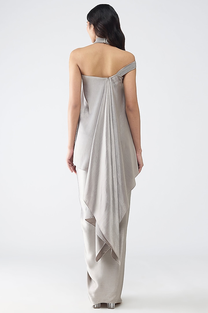 Steel Grey Satin Chiffon Draped Skirt Set by Amit Aggarwal at Pernia's Pop Up Shop