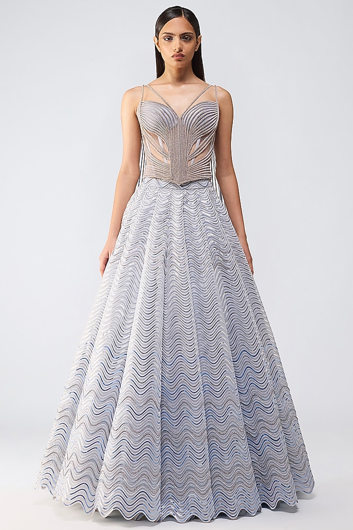 Ice Blue Tulle Crystalvein Bridal Lehenga Set by Amit Aggarwal at Pernia's Pop Up Shop