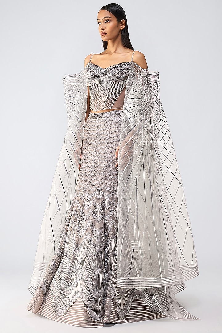 Steel Grey Tulle Glass Beads Embroidered Fishtail Skirt Set by Amit Aggarwal at Pernia's Pop Up Shop