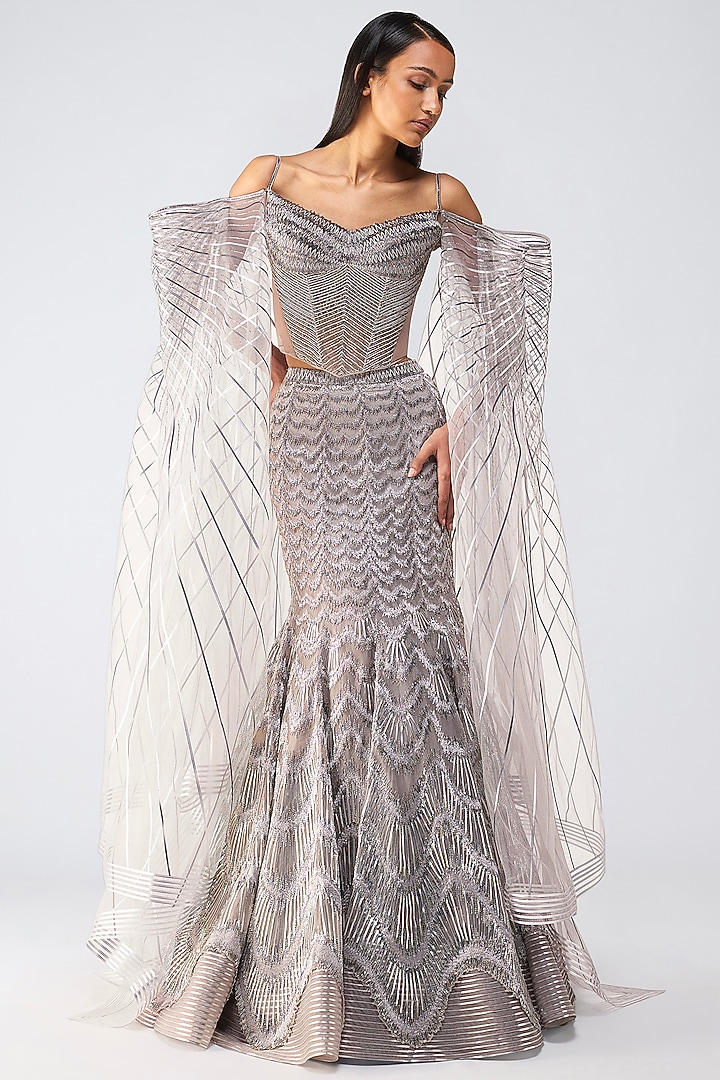 Steel Grey Tulle Glass Beads Embroidered Fishtail Skirt Set by Amit Aggarwal at Pernia's Pop Up Shop