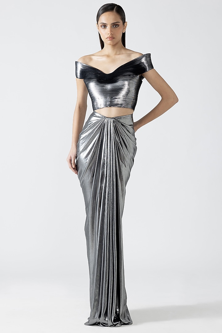 Silver Lame Draped Skirt Set by Amit Aggarwal at Pernia's Pop Up Shop