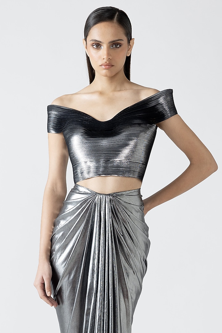 Silver Lame Draped Skirt Set by Amit Aggarwal at Pernia's Pop Up Shop