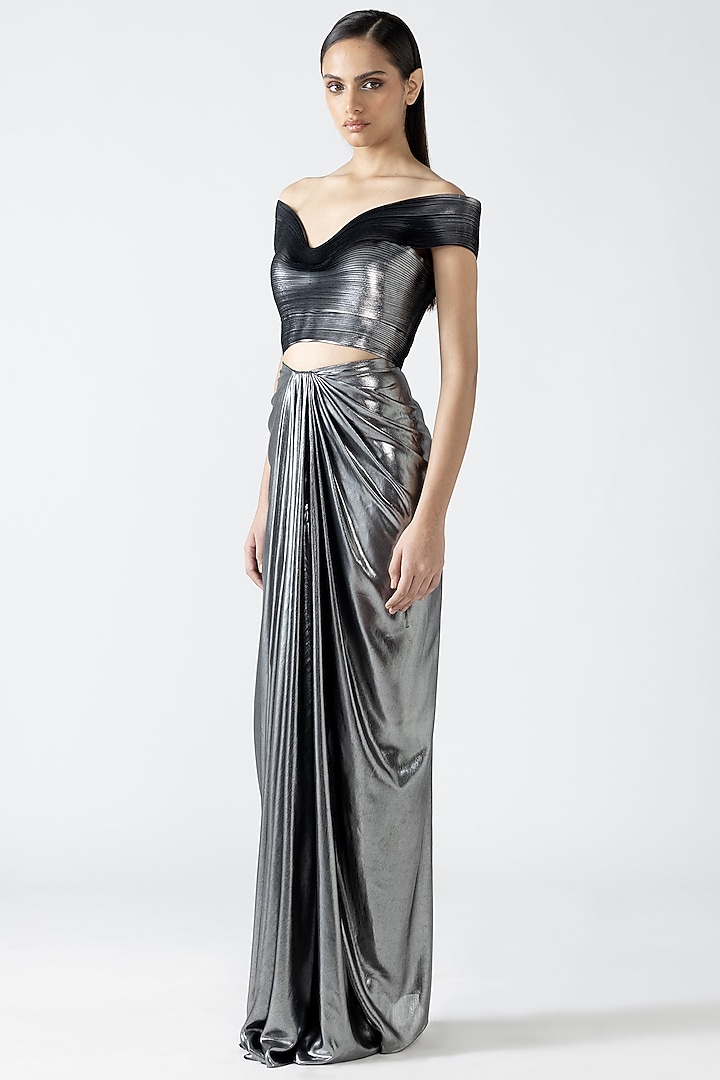 Silver Lame Draped Skirt Set by Amit Aggarwal at Pernia's Pop Up Shop