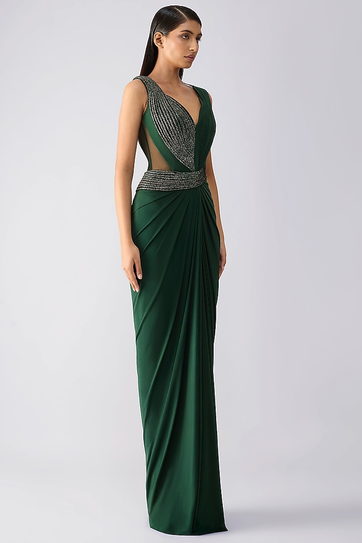 Emerald Green Mineral Jersey Draped Wedding Gown by Amit Aggarwal at Pernia's Pop Up Shop