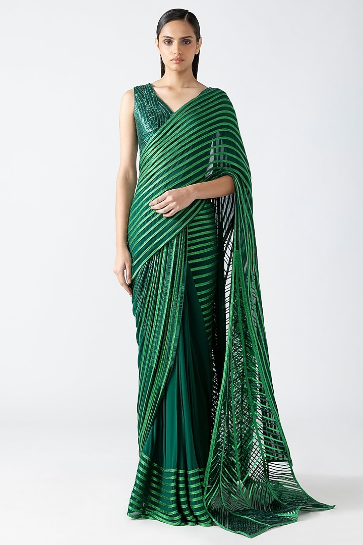 Emerald Green Georgette Draped Bridal Saree Set by Amit Aggarwal at Pernia's Pop Up Shop