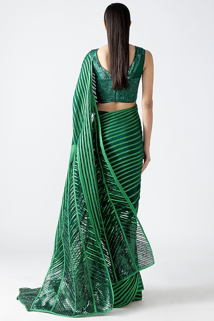 Emerald Green Georgette Draped Bridal Saree Set by Amit Aggarwal at Pernia's Pop Up Shop