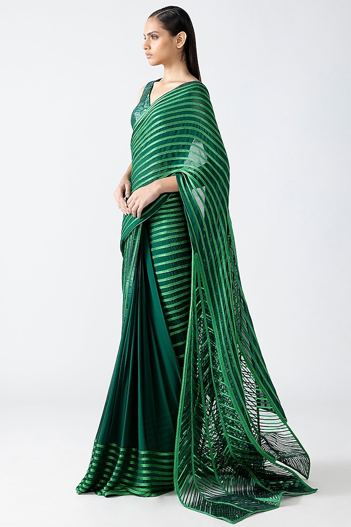 Emerald Green Georgette Draped Bridal Saree Set by Amit Aggarwal at Pernia's Pop Up Shop