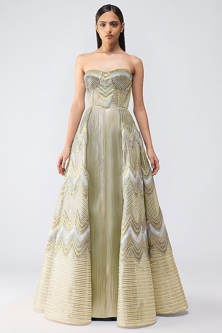 Sand Beige Tulle Micro-Pleated Off-Shoulder Bridal Gown by Amit Aggarwal at Pernia's Pop Up Shop