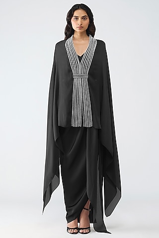 Onyx Black Satin Chiffon Cape Set by Amit Aggarwal