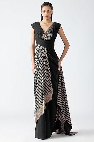 Onyx Black Stretch Crepe Micro-Pleated Banarasi Gown by Amit Aggarwal
