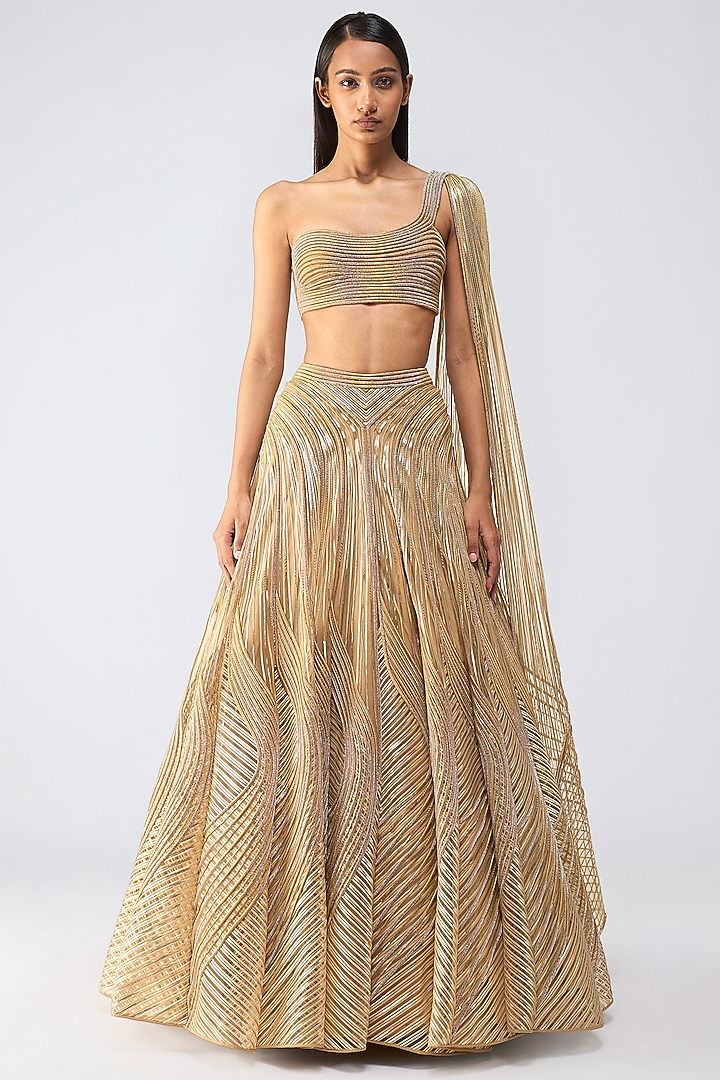 Sand Beige Tulle Metallic Crystalvein Skirt Set by Amit Aggarwal at Pernia's Pop Up Shop