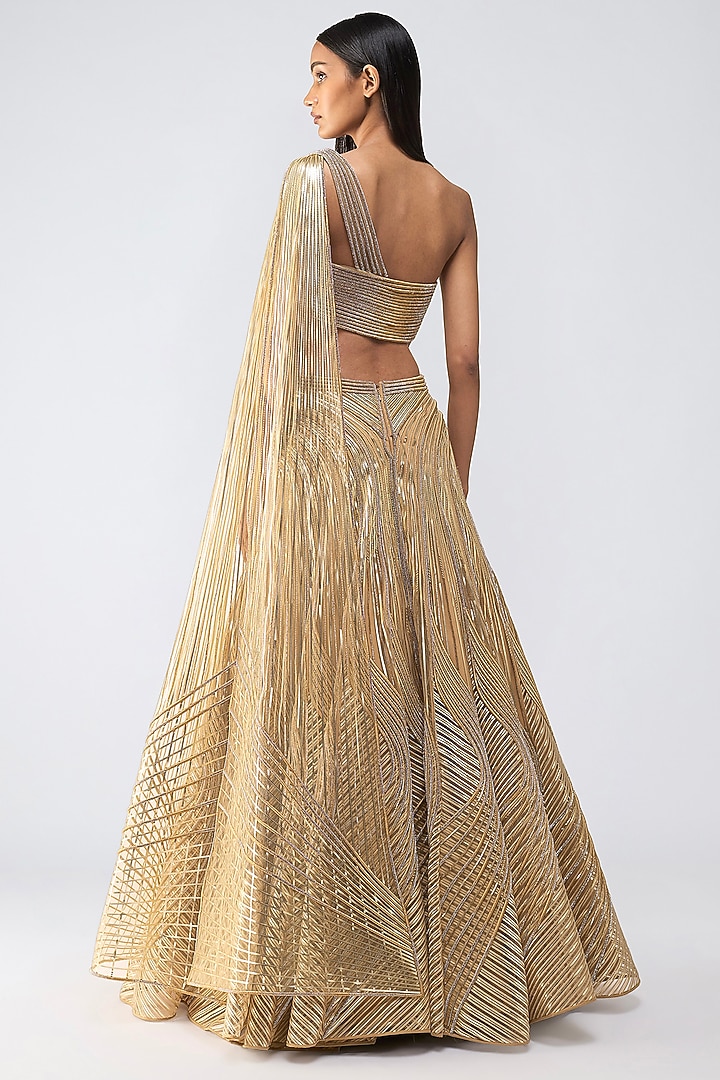 Sand Beige Tulle Metallic Crystalvein Skirt Set by Amit Aggarwal at Pernia's Pop Up Shop