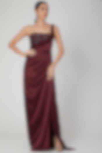 Maroon Embroidered One Shoulder Gown by Amit Aggarwal