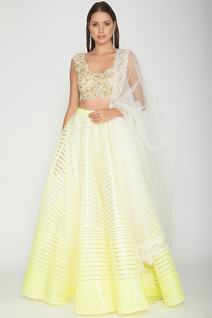 Ivory & Yellow Embroidered Lehenga Set by Amit Aggarwal