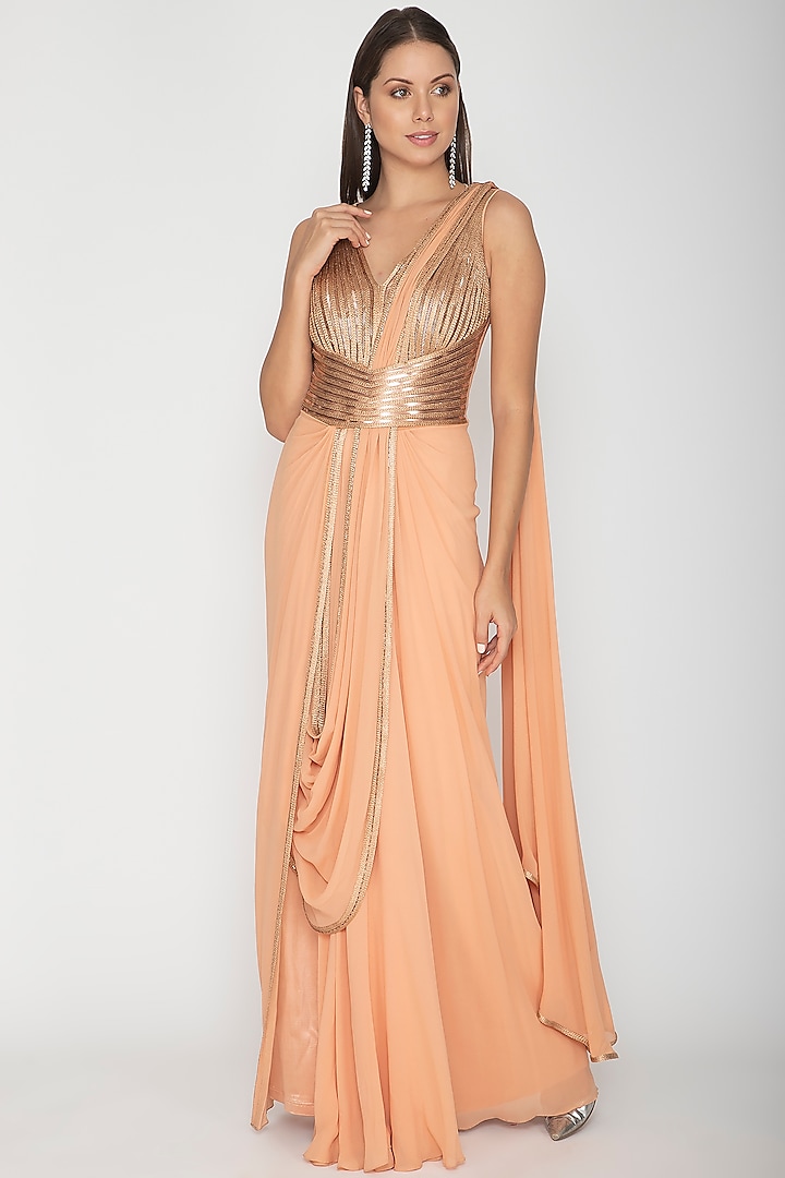 Peach Georgette Peplum Gown by Amit Aggarwal