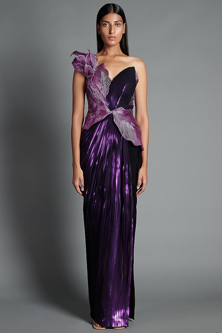 Metallic Purple Embroidered Moulded Gown by Amit Aggarwal