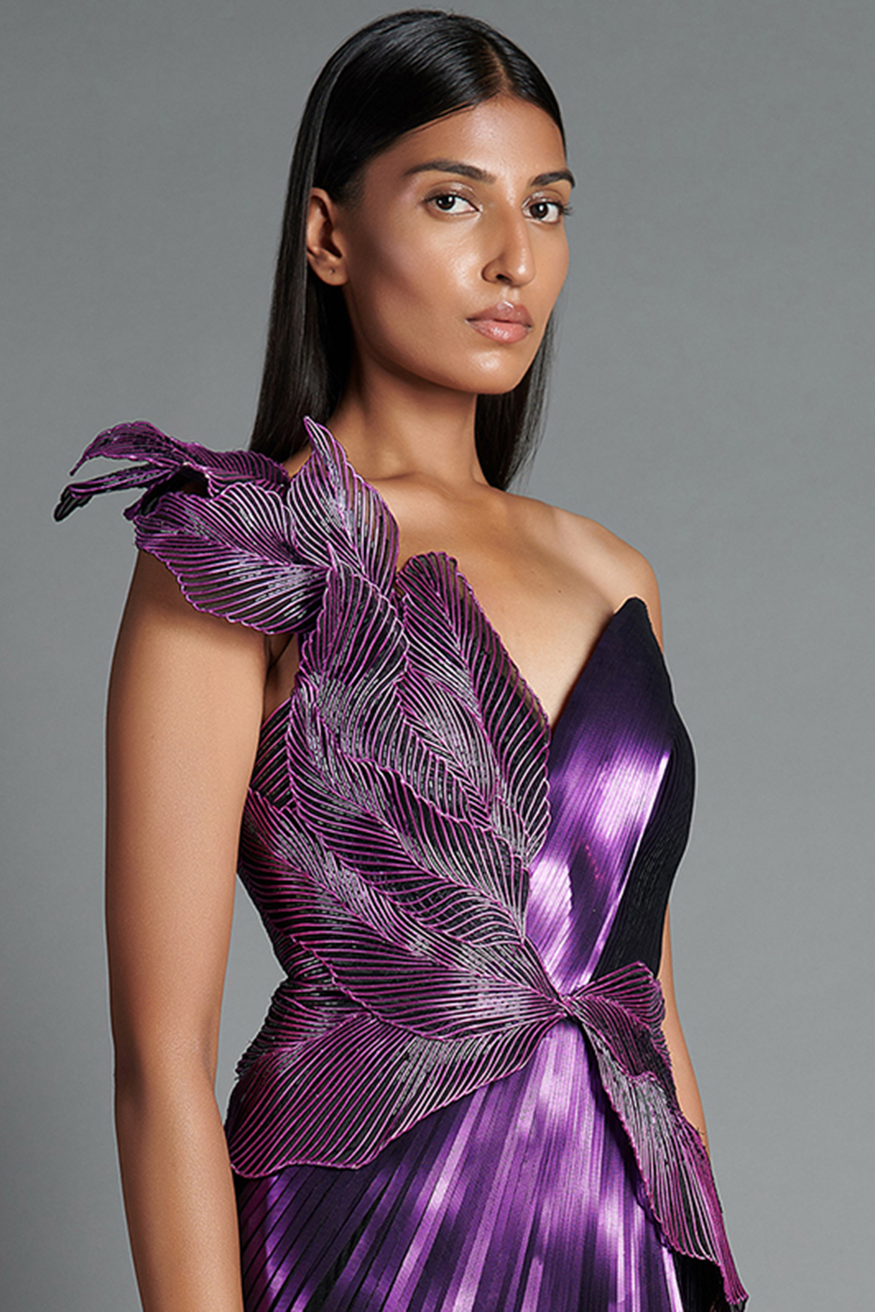 Metallic Purple Embroidered Moulded Gown Design by Amit Aggarwal