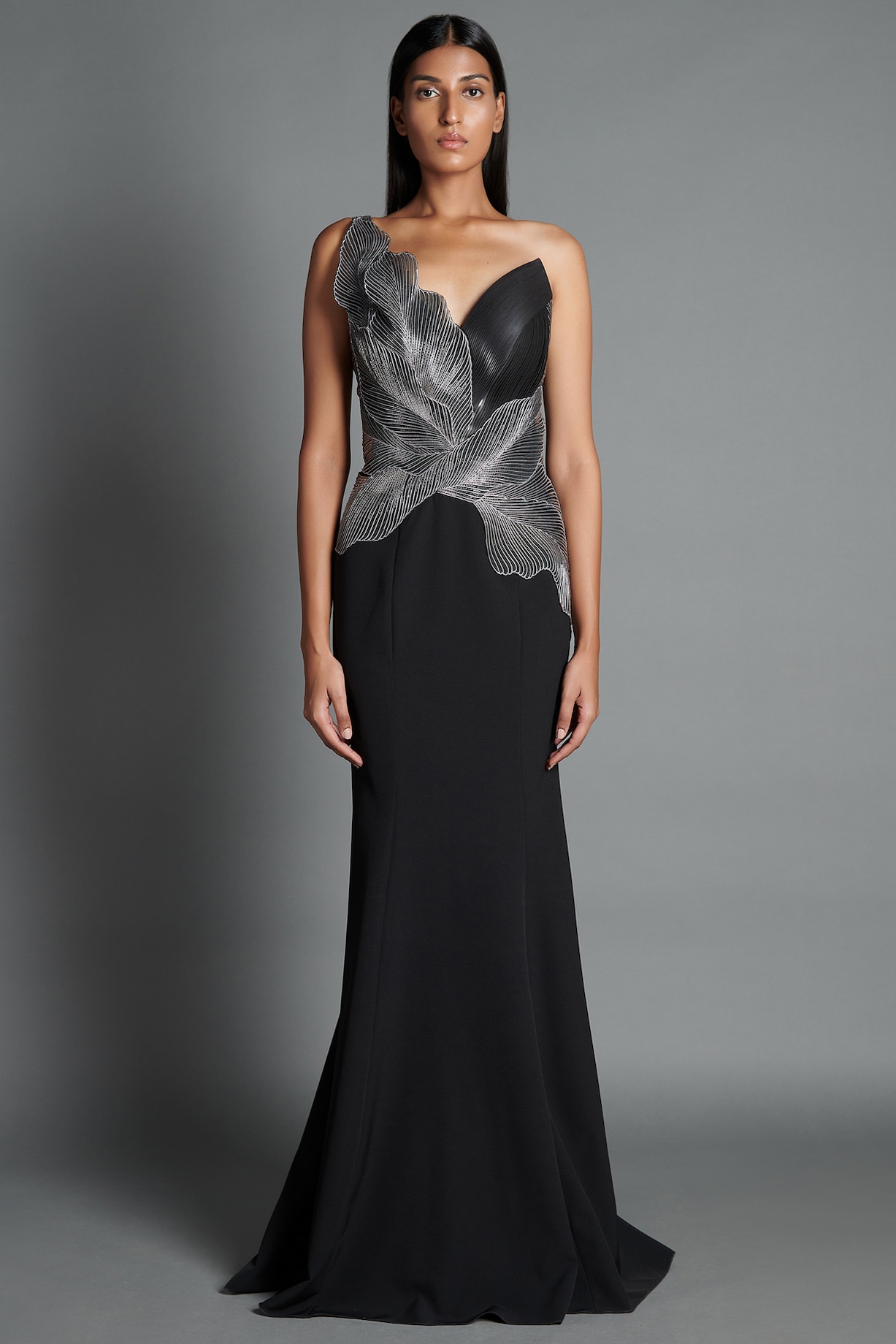 Black Metalic Foil Work Embroidered Wedding Wear Gown