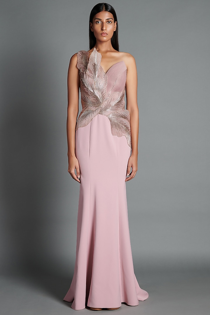 Metallic Onion Pink Embroidered Moulded Gown by Amit Aggarwal