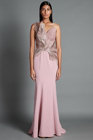 Metallic Onion Pink Embroidered Moulded Gown by Amit Aggarwal