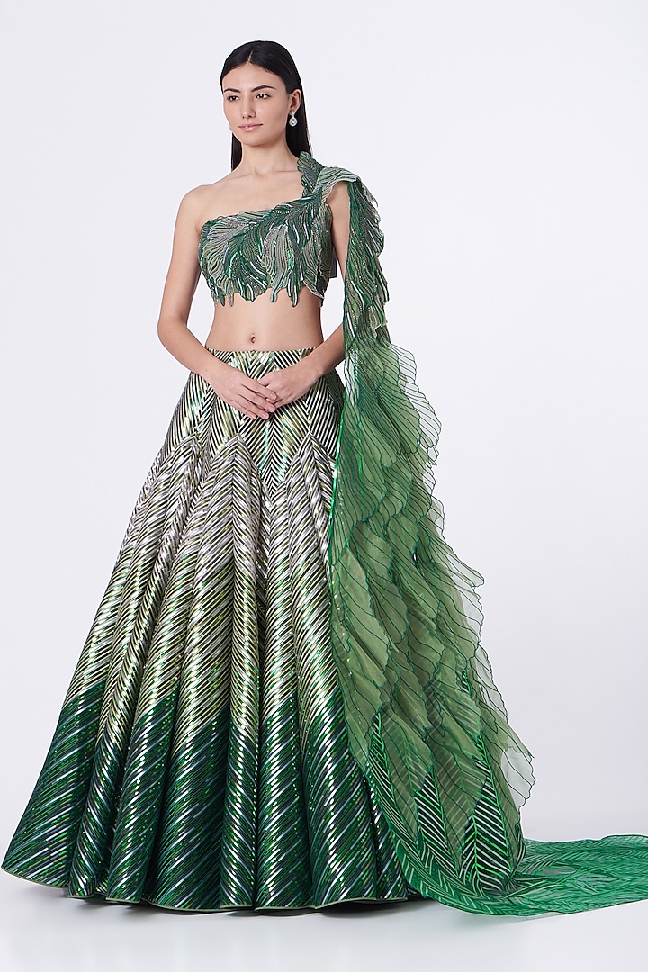 Emerald Green & Pista Green Layered Bridal lehenga for 22 Lehenga Set by Amit Aggarwal at Pernia's Pop Up Shop