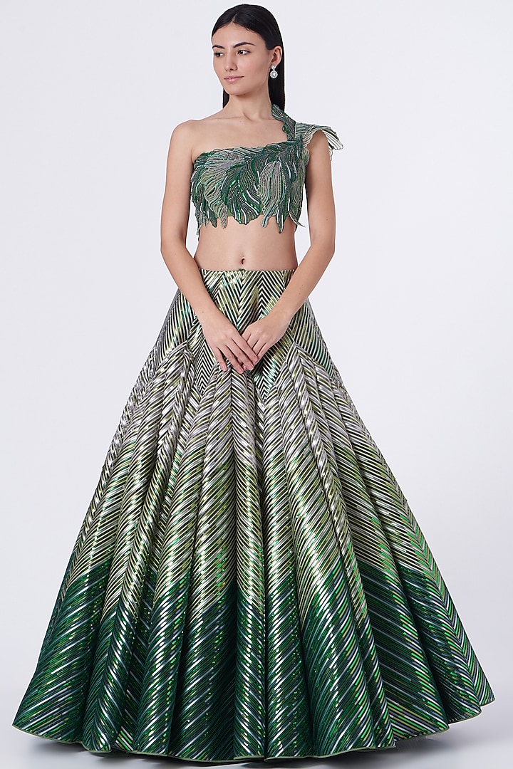 Emerald Green & Pista Green Layered Bridal Lehenga Set by Amit Aggarwal at Pernia's Pop Up Shop