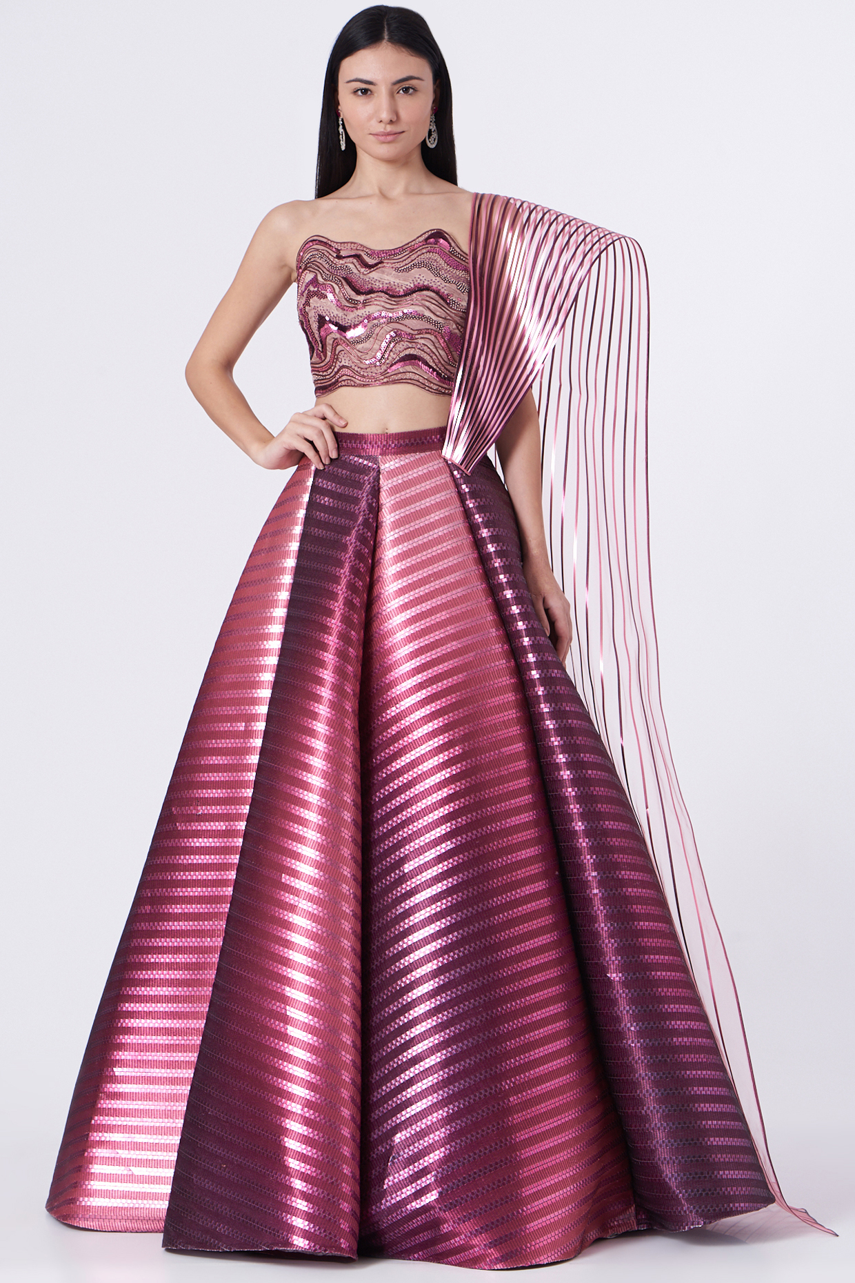 Metallic Plum Striped Lehenga Set by Amit Aggarwal