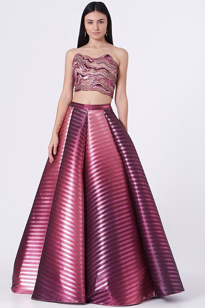 Metallic Plum Striped Bridal Lehenga Set by Amit Aggarwal at Pernia's Pop Up Shop