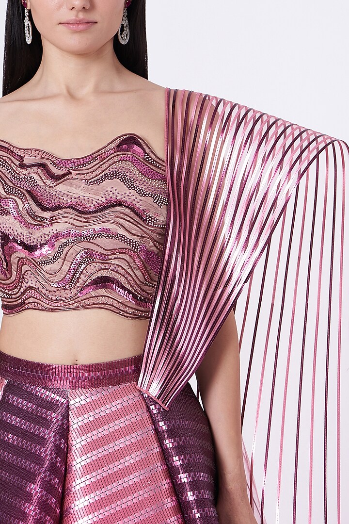 Metallic Plum Striped Bridal Lehenga Set by Amit Aggarwal at Pernia's Pop Up Shop
