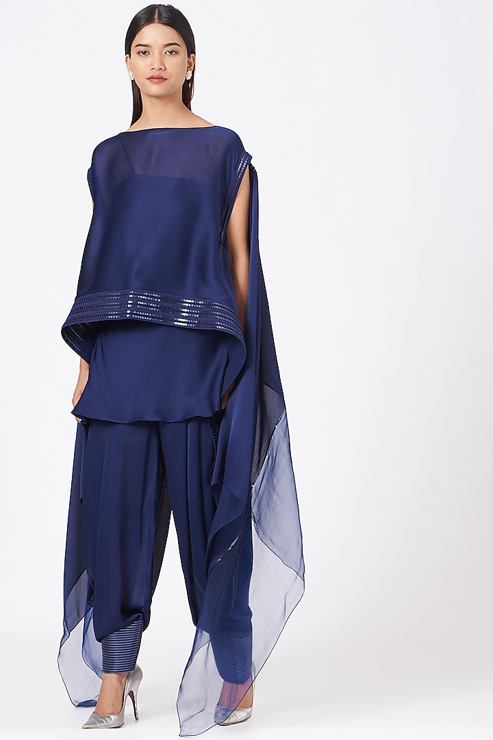 Navy Blue Draped Pant Set by Amit Aggarwal at Pernia's Pop Up Shop